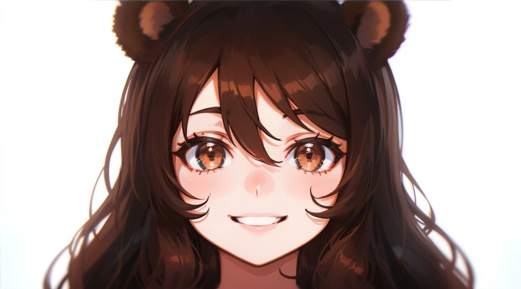 anime girl with brown hair and bear ears, smiling evily into the camera, dark dynamic lighting, high contrast, dark background