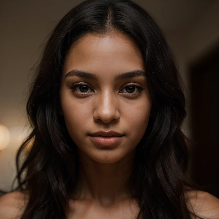 Masterpiece. Best quality, darkbrown-skinned young woman with black eyes and long curly black hair posing for a picture, colombian, face photo, soft portrait shot 8 k, beautiful young girl, beautiful portrait image, photo of a beautiful woman, perfect face...