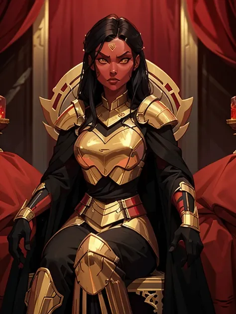 ((masterpiece)), ((best quality)), ultra detailed,  ((red skin:1.3)), 1woman, (wearing armor over dark robes, black hair, golden...