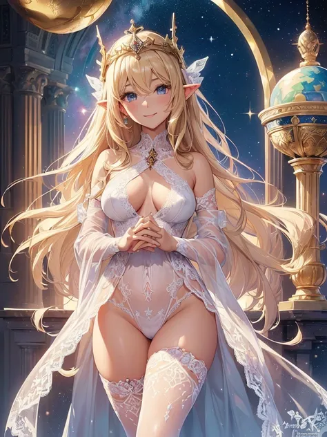 highest quality、Highest image quality、masterpiece、Super beautiful elf beauty from behind((22 years old OL big bust、bust 90,beautiful long ironed hair、blonde、globe、、slender、Close-up、Esbian、beautiful tiara、High quality、beautiful art、background((starry ski)))...