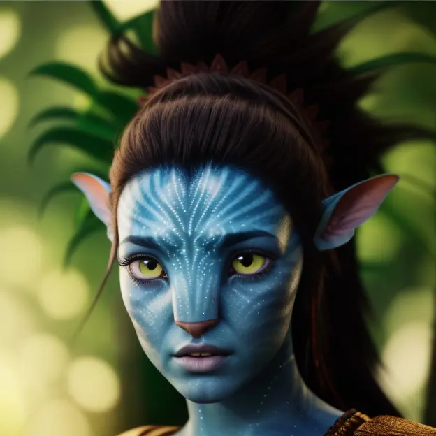 avatar style, portrait:1.6, 1girl, female, (blue skin tone:1.0), (bun hairstyle:1.0), one pair of pointy ears:1, long hair tied ...