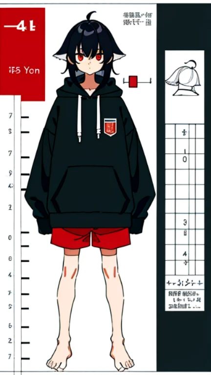 (masterpiece, Best quality) ,whole body,(infographic:1.2), 10 years old boy, shorts, long sleeve hooded sweater with floppy ears, bored expression, fluffy thick hair, burning bright eyes , Patent drawings, Physical Measurements, (the whole clothing configu...