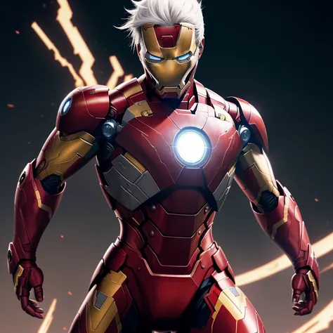 A striking image of Kakashi, the legendary shinobi, donning the advanced Iron Man suit, perfectly blending the worlds of ninja and technology. This 35-year-old character, known for his long, white hair, sharp gaze, and distinctive forehead protector, is sh...