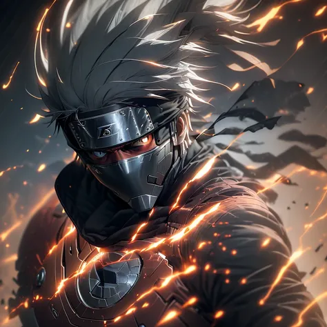 A striking image of Kakashi, the legendary shinobi, donning the advanced Iron Man suit, perfectly blending the worlds of ninja and technology. This 35-year-old character, known for his long, white hair, sharp gaze, and distinctive forehead protector, is sh...