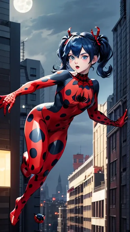 (Masterpiece, 4K resolution, ultra-realistic, highly detailed), (red costume superhero theme, black polka dots, ladybug, charismatic, girl on top of the city, wearing red polka dot costume, superheroine), , (blue hair in pigtails:1.2), full-body, (blue eye...