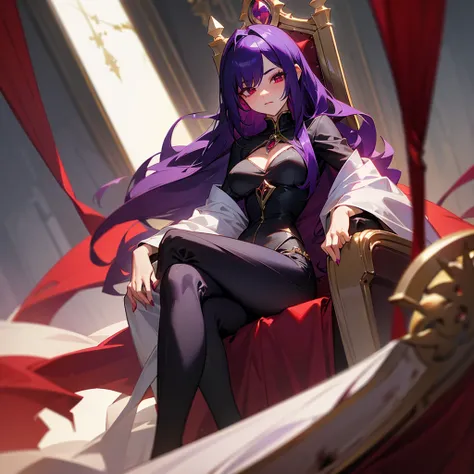 her dark purple hair accompanied by her blood red eyes, accompanied by her hourglass figure.Sitting on a throne 