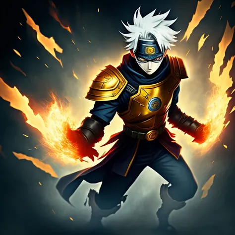 Kakashi Hidden in the Leaf Village, donning Doctor Fates enchanted gold armor, stands with a fierce gaze and intricately detailed golden helmet adorned with ancient symbols. The background reveals an otherworldly realm of swirling energy and star-studded c...