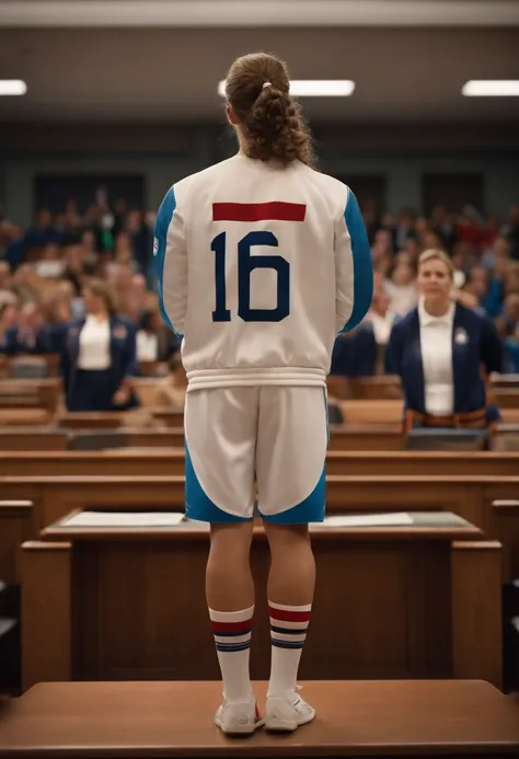 A photorealistic, visually descriptive and detailed representation of a 16-year-old Olympic uniform-wearing athlete seen from behind in the center of a courtroom