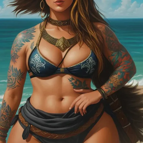 there is a woman with tattoos on her body and in a bikini, in style of pintura digital, portrait of a barbarian woman, viking feminino, portrait of a barbarian woman, uma guerreira loira sexy, sultry pintura digital, barbarian warrior woman, pouco detalhad...