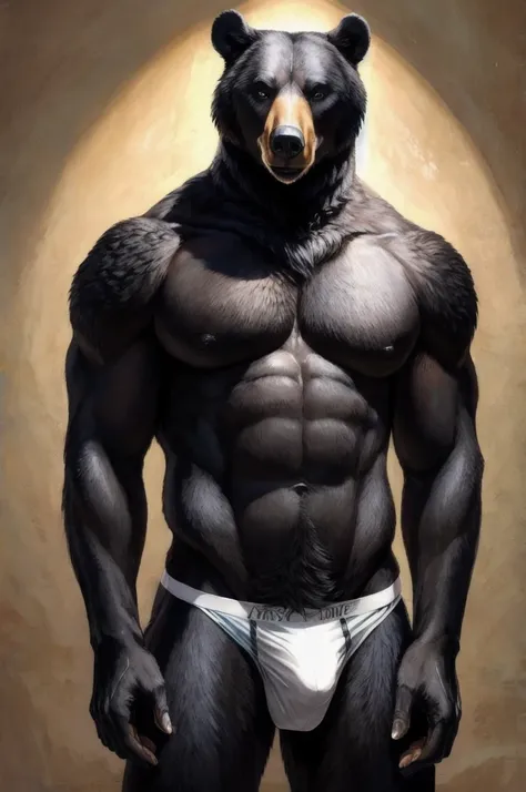 a furry male anthro Black Bear standing with his hands behind his back. He is wearing underwear and is depicted in a simple background. The artwork should be in a front view perspective. The image should be of the best quality, with ultra-detailed features...