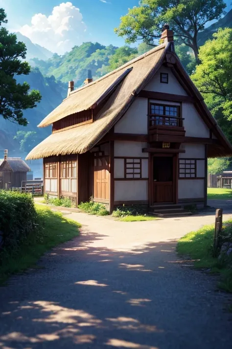 Cartoon scene of a small house with a thatched roof, anime rural scenery, anime yuruying, yuruying, pub background, anime background艺术, anime background, cozy bistro, anime scenery, beautiful anime scenery, beautiful anime scenes, anime scenery概念艺术, Screen...