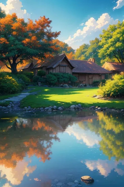 (best quality,4k,8k,highres,masterpiece:1.2),ultra-detailed,(realistic,photorealistic,photo-realistic:1.37),thatched roof,small house,anime village scenery,anime rural landscape,tanrusong,tan rusong,tavern background,anime background art,anime background,m...