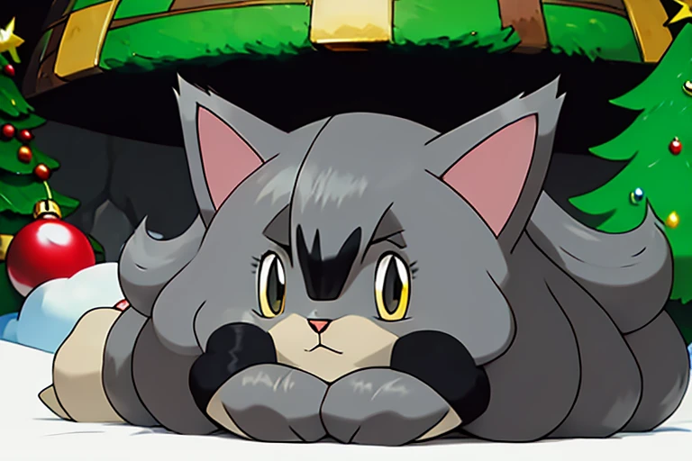 gray long haired cat pokemon with black face peeking out from a christmas tree