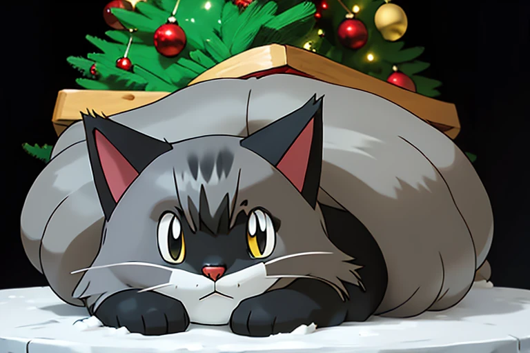 gray long haired cat pokemon with black face peeking out from a christmas tree