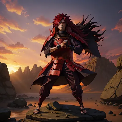 Madara Uchiha with aztec native style costume, wearing Uchiha war armor, rinnegan eyes glowing ominously, ultra-detailed and realistic, dynamic light and shadow, high resolution, sharp focus, depth of field, expression of intense concentration, vivid and a...