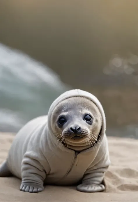 A really cute tiny seal, wearing a hoodie, smilling, look really cute and tiny, 8k, high detail