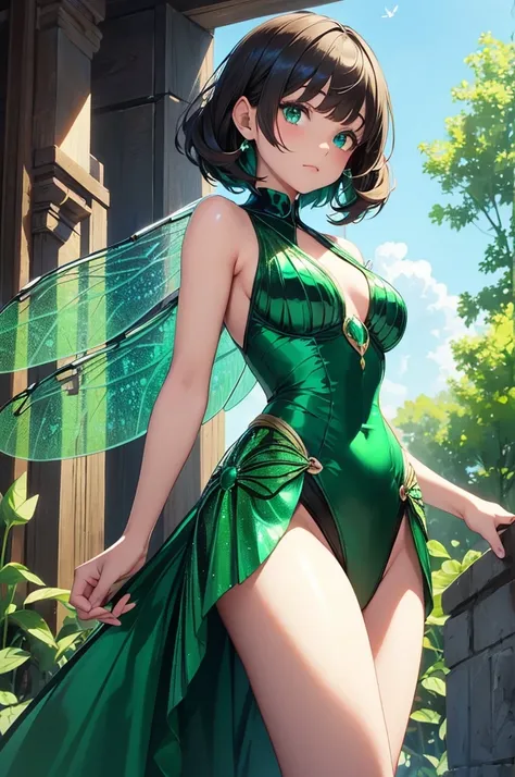 Beautiful Dragonfly girl, Dragonfly wings, iridescent dragonfly wings, short fluffy brunette hair and emerald green eyes. Perfect anatomy, dressed in iridescent clothing.