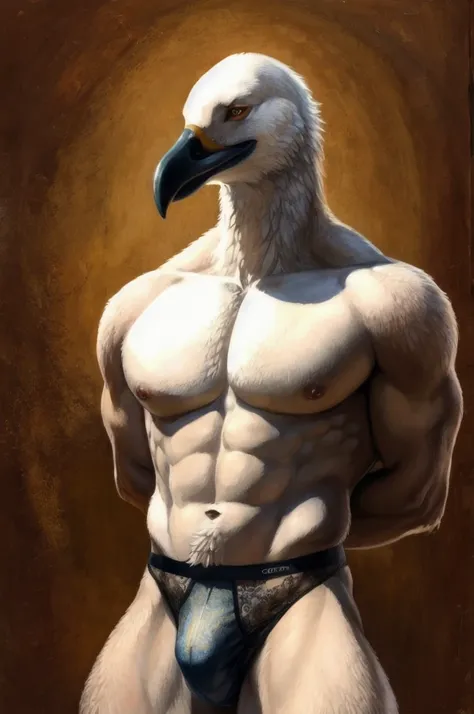 a furry male anthro Seagull standing with his hands behind his back. He is wearing underwear and is depicted in a simple background. The artwork should be in a front view perspective. The image should be of the best quality, with ultra-detailed features an...