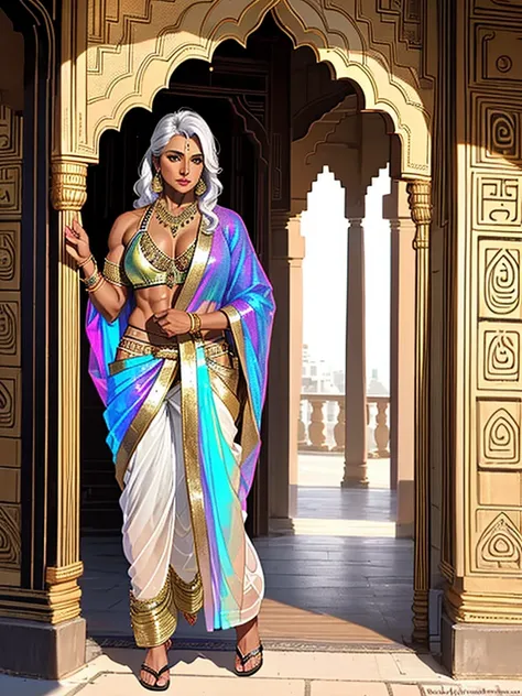 50-year-old, indian, ifbb, mature allure, (iridescent thong), dark skinned, (sheer arab pants), (shimmering robe), white hair, thick lips, (shiny gold sari top)