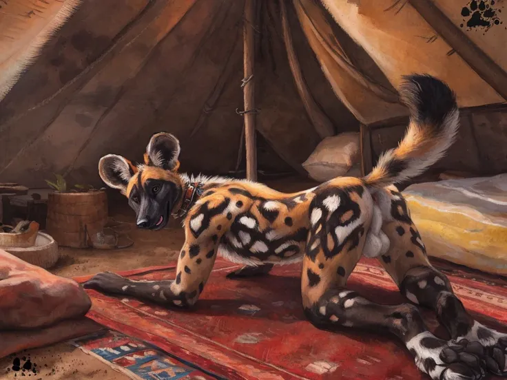 solo, anthro, African Wild Dog, submissive, thick brown leather collar, exhausted expression, panting, male, balls, shaggy fur, lifted tail, beautiful eyes, perfect eyes, (black retinas:1.2), detailed background, large tribal tent background, inside, carpe...