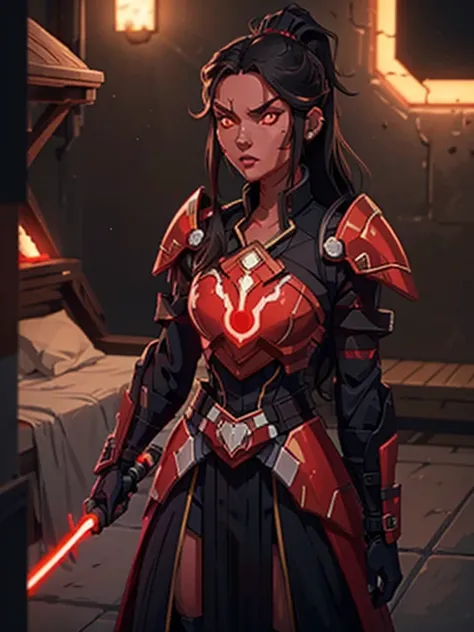 1woman, red skin, black long hair, ponytail, golden glowing eyes, red lightsaber, armor over dark robes, ray tracing, masutepiec...