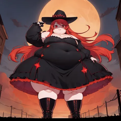 ((beste-Qualit, tmasterpiece)), a obese 1girl, red long hair with an orange tint, dark red eyes, pupils in the form of diamonds, Black otic dress with a long train, hat on his head, high boots with heels, very cute 