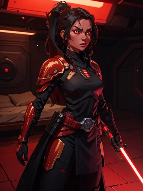 1woman, red skin, black long hair, ponytail, golden glowing eyes, slim fit body, red lightsaber, armor over dark robes, Ray tracing, masutepiece, Best Quality, ultra-quality, absurd details, best light, Best Shadow, sharp, Sharp Image, Detailed, Extremely ...