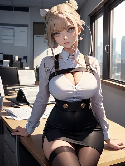 High resolution, 4K resolution, face enchantment, (detailed eyes), highest quality. Facial expression of an elegant and attractive 38 year old woman.。, Exude confidence and professionalism in the office environment, long blonde hair, ((deconstructed bun:1....