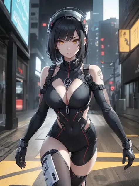 Detailed art, light-skinned humanoid Android with short black hair with triangular bangs covering the eyebrows and bright yellow Cyborg eyes running on the run, female humanoid Android with a mark on her neck that says HUGE running away, her hair has long ...