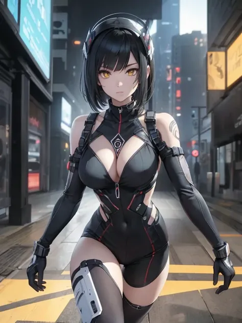 Detailed art, light-skinned humanoid Android with short black hair with triangular bangs covering the eyebrows and bright yellow Cyborg eyes running on the run, female humanoid Android with a mark on her neck that says HUGE running away, her hair has long ...