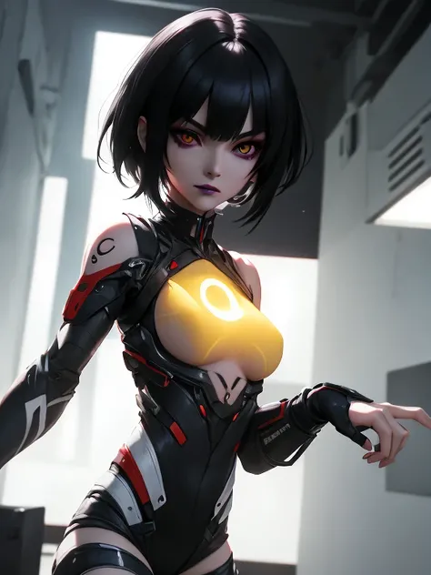 Detailed art, light-skinned humanoid Android with short black hair with triangular bangs covering the eyebrows and bright yellow Cyborg eyes running on the run, female humanoid Android with a mark on her neck that says HUGE running away, her hair has long ...