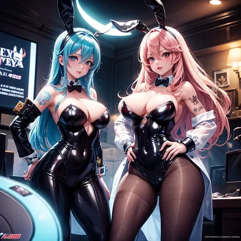 2 chicas rubias con un bunny suit de playboy,Medias de rejilla y tatuajes en una sala gamer con LED