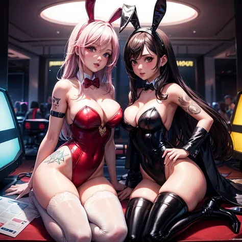 2 chicas rubias con un bunny suit de playboy,Medias de rejilla y tatuajes en una sala gamer con LED