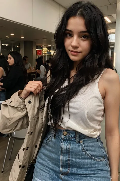 a 20 year old girl with wavy black hair, in public, selfie, portrait