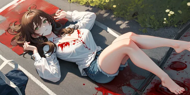 (lying on the roadside on one&#39;s back:1.2), Lisa, genshin impact, 1 girl, alone, ((buttoned white shirt)), barefoot, big breasts, cleavage, ((Killed)), ((From above)), (cinematic lighting), (Put your arms on the ground), (raise your arms up), ((Sea of B...