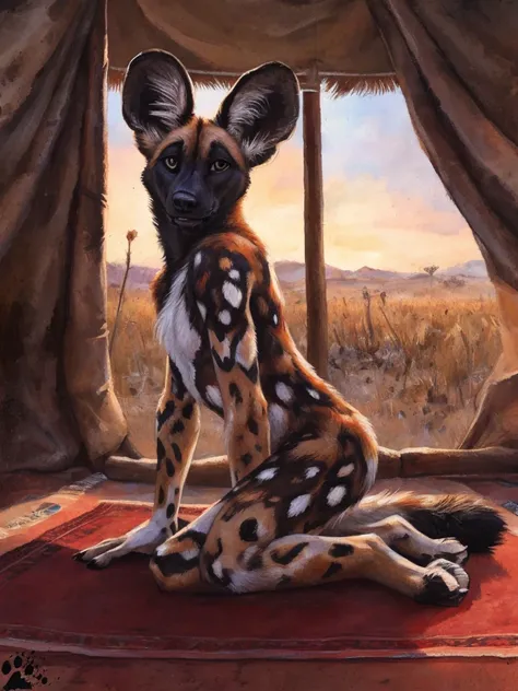 solo, anthro, African Wild Dog, feminine body, submissive, panting, shy, male, shaggy fur, thick fur, tail, beautiful eyes, perfect eyes, symmetrical eyes, (black retinas:1.2), detailed background, large tribal tent background, inside, carpets, dusk, reali...