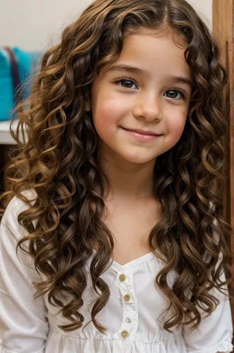 10-year-old white Latina girl with curly hair and brown eyes, delgada  