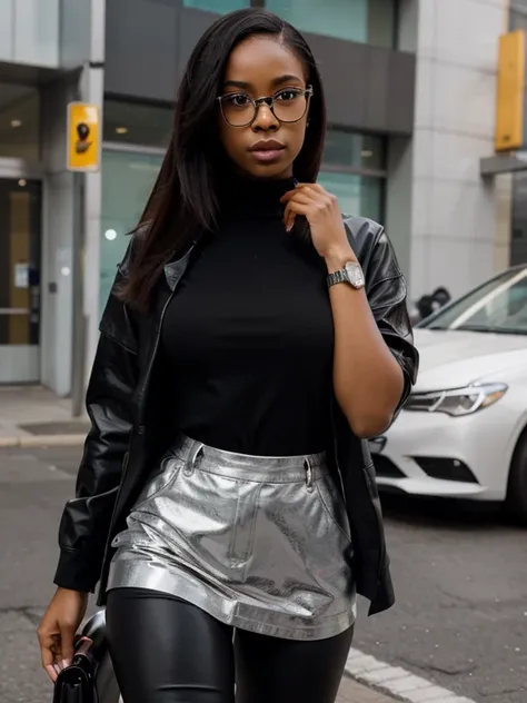 Light skinned black woman has a modern and sophisticated appearance. She embraces a sleek and futuristic style, often seen wearing chic, tech-inspired clothing. A pair of stylish glasses adds a touch of intellect to her look. Arias hair is effortlessly ele...