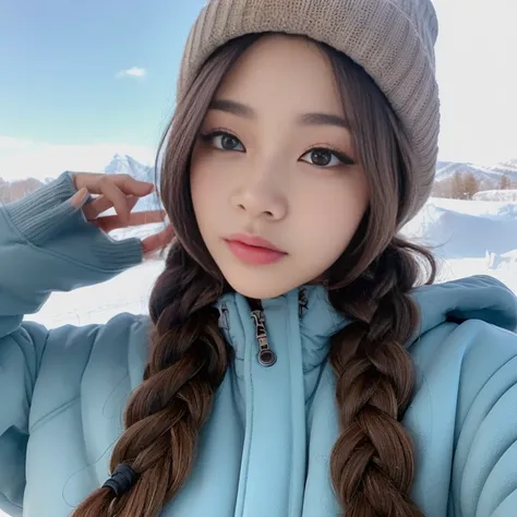 (Realistic lighting, Best quality, 8K, Masterpiece: 1.3)), Clear focus: 1.2, 1girl, Perfect beauty: 1.4, Big breasts: 1.2, Slim abs: 1.1, ((dark brown hair)), (light blue winter outfit with a open coat), (ski resort), day: 1.1), , Super fine face, fine eye...