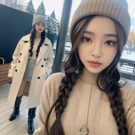 (Realistic lighting, Best quality, 8K, Masterpiece: 1.3)), Clear focus: 1.2, 1girl, Perfect beauty: 1.4, Big breasts: 1.2, Slim abs: 1.1, ((dark brown hair)), (sexy light blue winter outfit with a open coat with boots), (ski resort), day: 1.1), , Super fin...