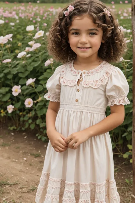 10-year-old white Latina girl with curly hair and brown eyes, delgada con vestido rosa en un campo de flores 