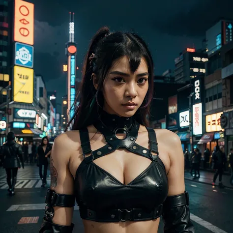 cyberpunk Indonesian girls standing together, Harajuku inspired cyberpunk body harness, bold colors and patterns, eye-catching accessories, trendy and innovative hairstyles, dazzling Cyberpunk cityscape, skyscrapers, shining neon lights, LED lights,  anime...