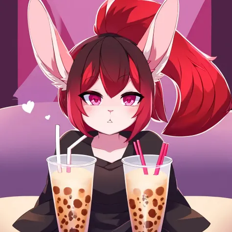 Sfw, furry, drinking  bubble tea, race rabbit ,pink eyes ,red and black dress ,hair with pink tips