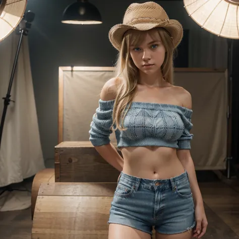 1girl, cute blonde girl, hair bangs, off shoulder brown checkered knit, jeans shorts, blue eyes, ultra realistic soft skin, extreme detail, high masterpiece, 8k, photography, studio light, ultra realistic lighting, high realistic ray tracing, RAW photo, ph...