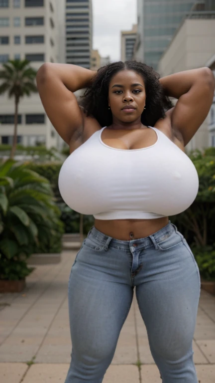 Jovem menina com seios enormes colossais, Wearing a white tank top with a large neckline and jeans, Sentada em um banco, ebony skin, corpo fitness, bela garota,  Slim body, cabelo grande, Menina alta, giantess, sexy in city, cabelo longo