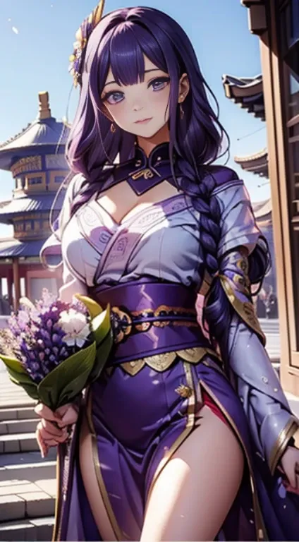 in the temple of heaven, cor violeta lavanda, uma mulher em um vestido de noiva，holds a bouquet of flowers, lalisa manobal, albu...