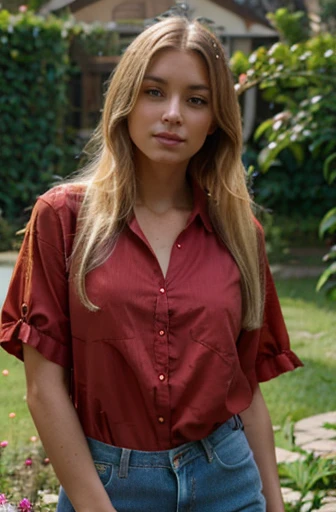 blonde with long hair, brown eyes, is in the garden of her house wearing a red blouse, short jeans