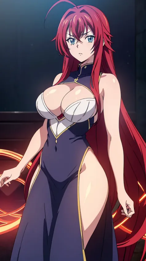 masterpiece, best quality, 1girl, long hair, looking at viewer, cute, large breasts, curvy, (((blue eyes))), rias gremory, red hair, antenna hair, wavy hair, ((beautiful detailed eyes, beautiful detailed glow, lots of glow)), anime screencap, black night o...