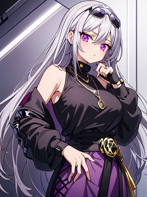 She has long a silver hair goes through her waist and theres a black aviator shade atop of her head her eyes Magenta as she wearing a black Loose O-neck sweat shirt on her neck theres gold necklace with purple jewelry, she wearing a gray skirt and theres a...