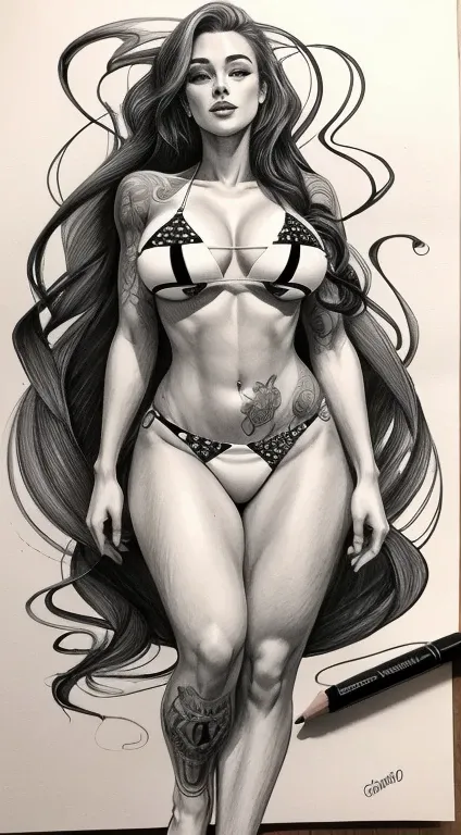 a woman in a bikini with tattoos on her chest, contorno grosso, realistic proportions!!, desenho com tinta, sketch sketch, tinta de linha grossa, desenho de corpo inteiro, realistic proportions sfw, contorno grossos, mulher extremamente detalhada, realisti...